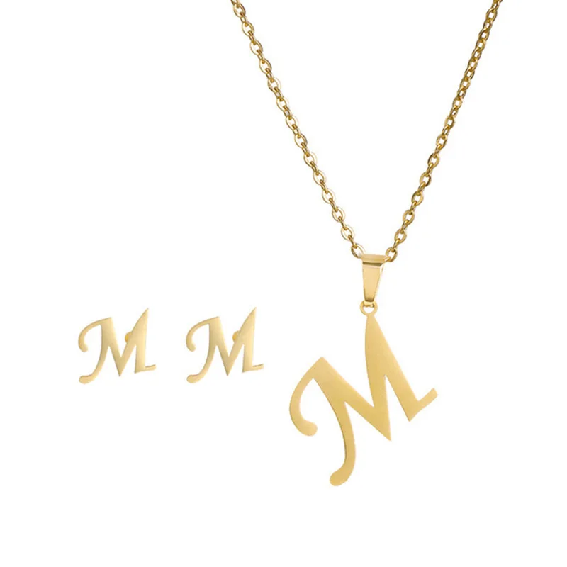 New Fashion Stainless  Jewelry 18K Gold Plated A-Z 26 Initial Letters Alphabet Pendant Necklace Earring Sets For Women