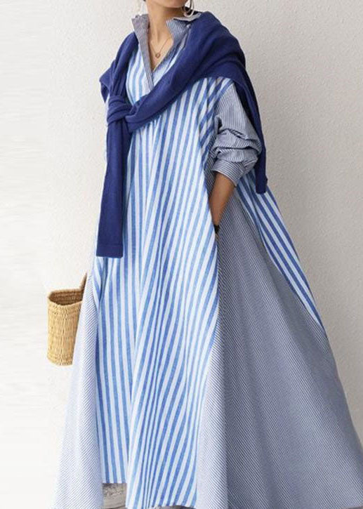 Modern Blue Peter Pan Collar Striped Cotton Dress Long Sleeve Spring