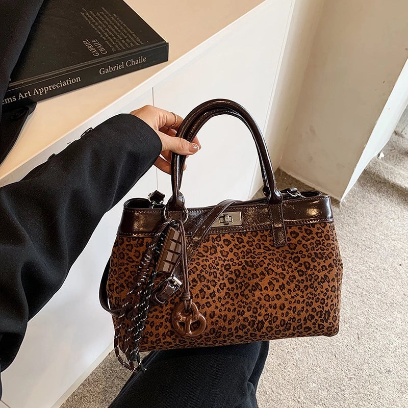 Women's Pu Leather Leopard Classic Style Square Lock Clasp Handbag Tote Bag Crossbody Bag
