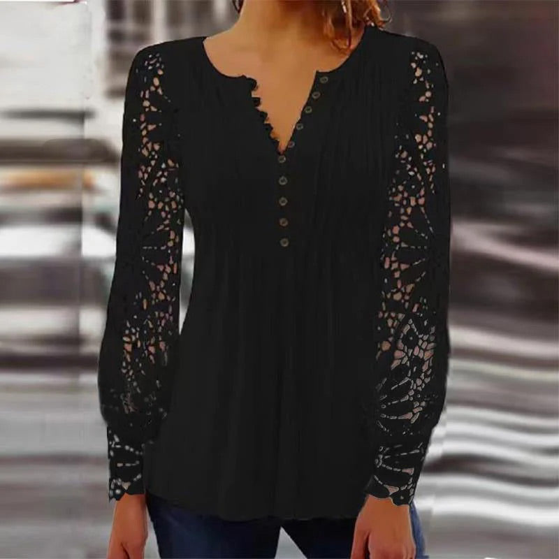 💥Sale 49% discount💕Blouse with floral pattern, long sleeve, V-neckline and lace