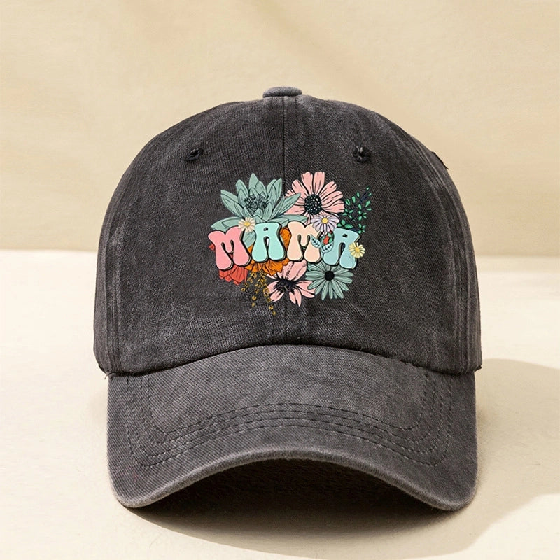 New Vintage Personalized Fashion Men's And Women's Letter Printing Flower MAMA Washed Baseball Cap Outdoor Casual Duck Tongue