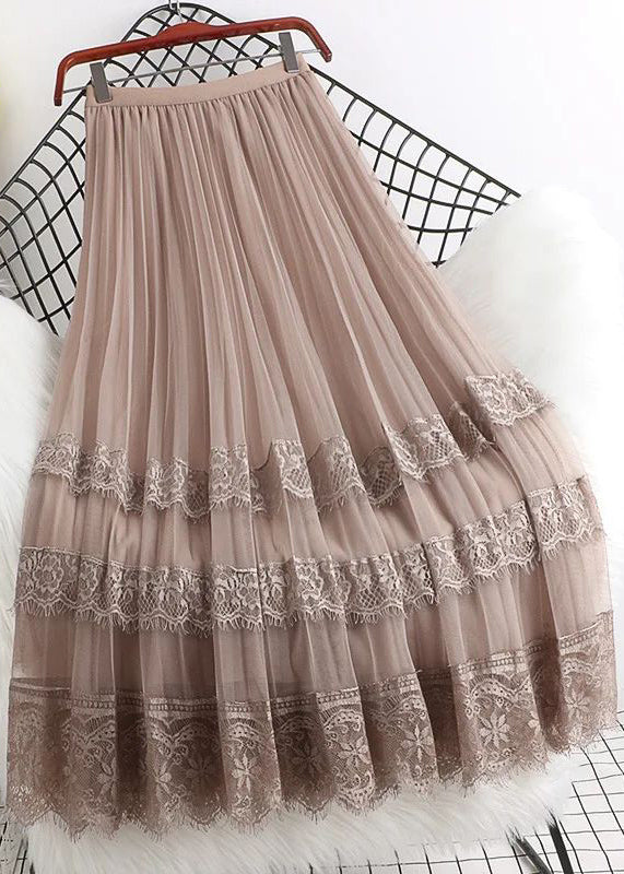 Fashion Brown High Waist Tulle Maxi Skirts Woman Mesh Lace Patchwork