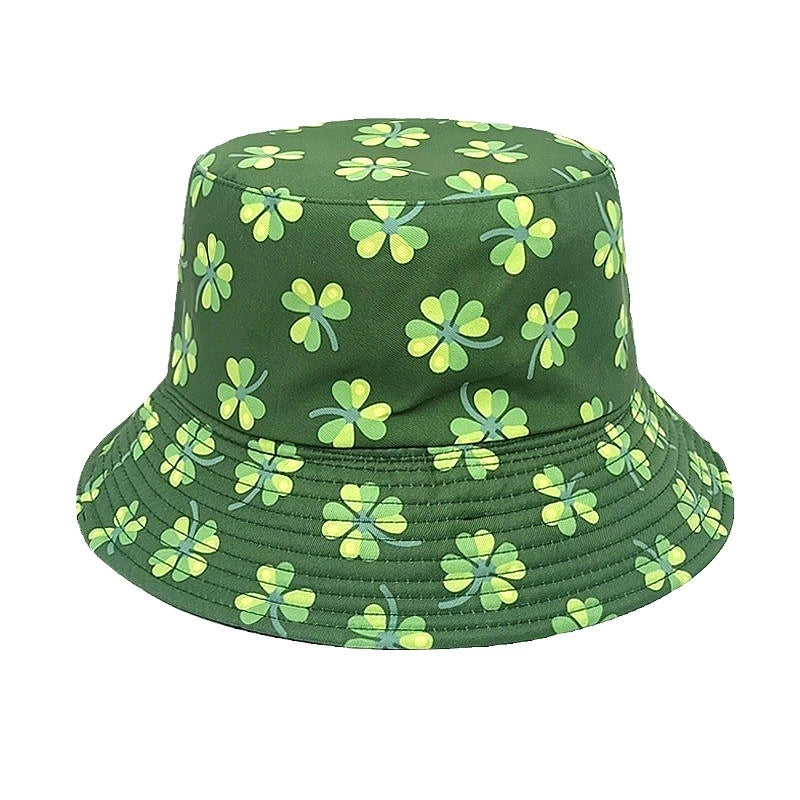 Unisex Retro Four Leaf Clover Printing Wide Eaves Bucket Hat