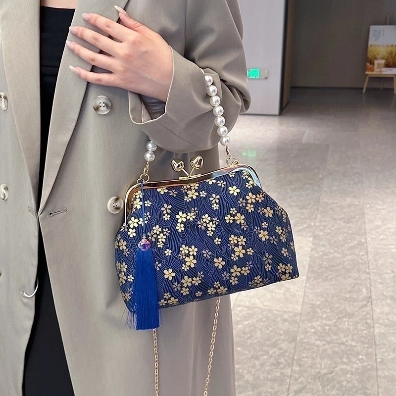 Women's Cloth Flower Elegant Pearls Sewing Thread Shell Clasp Frame Shoulder Bag