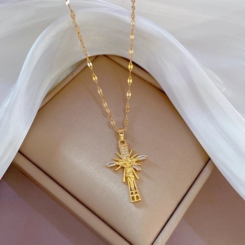 Minimalist Cross Titanium Steel Copper Zircon Pendant Necklace In Bulk