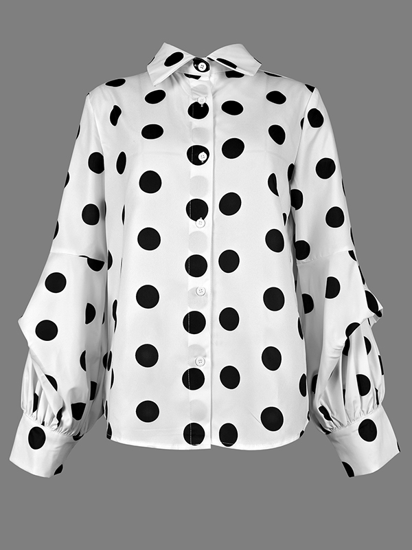 Long Sleeves Loose Buttoned Polka-Dot Split-Joint Lapel Blouses&Shirts Tops