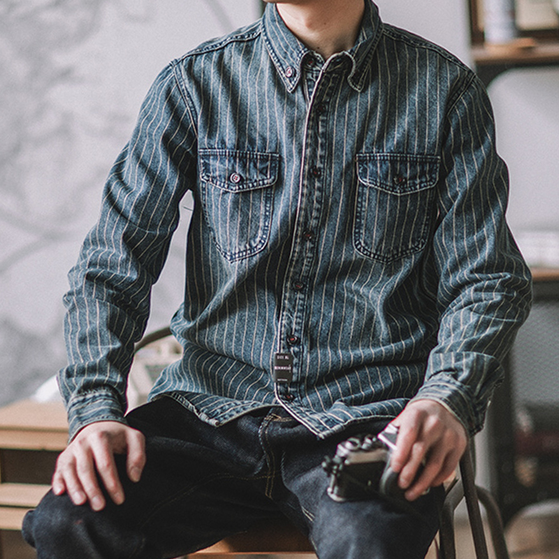 Retro Heavy Vertical Striped Denim Casual Shirt
