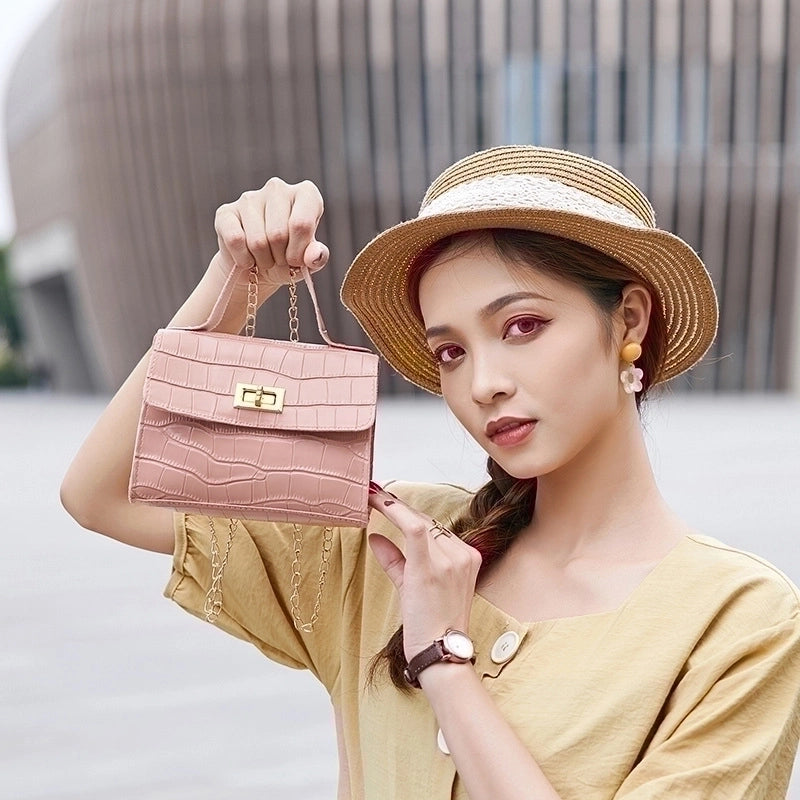Women's Small Pu Leather Solid Color Fashion Square Lock Clasp Crossbody Bag