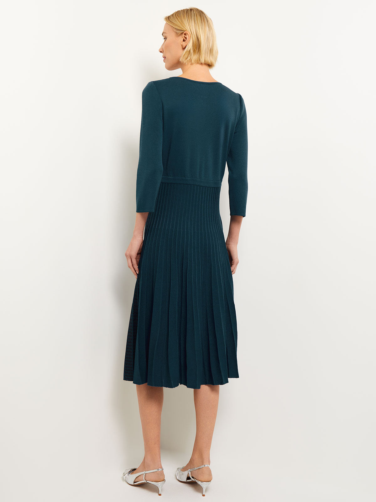 Pleated Contrast Panel Soft Knit Dress, Marine Teal & Black