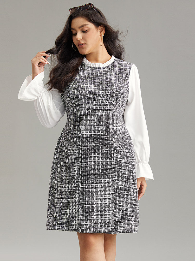 Plaid Patchwork Ruffle Trim Knee Dress