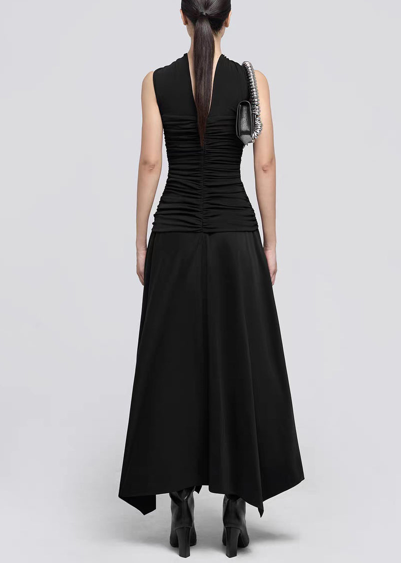 Italian Black Wrinkled Solid Cotton Long Dress Sleeveless