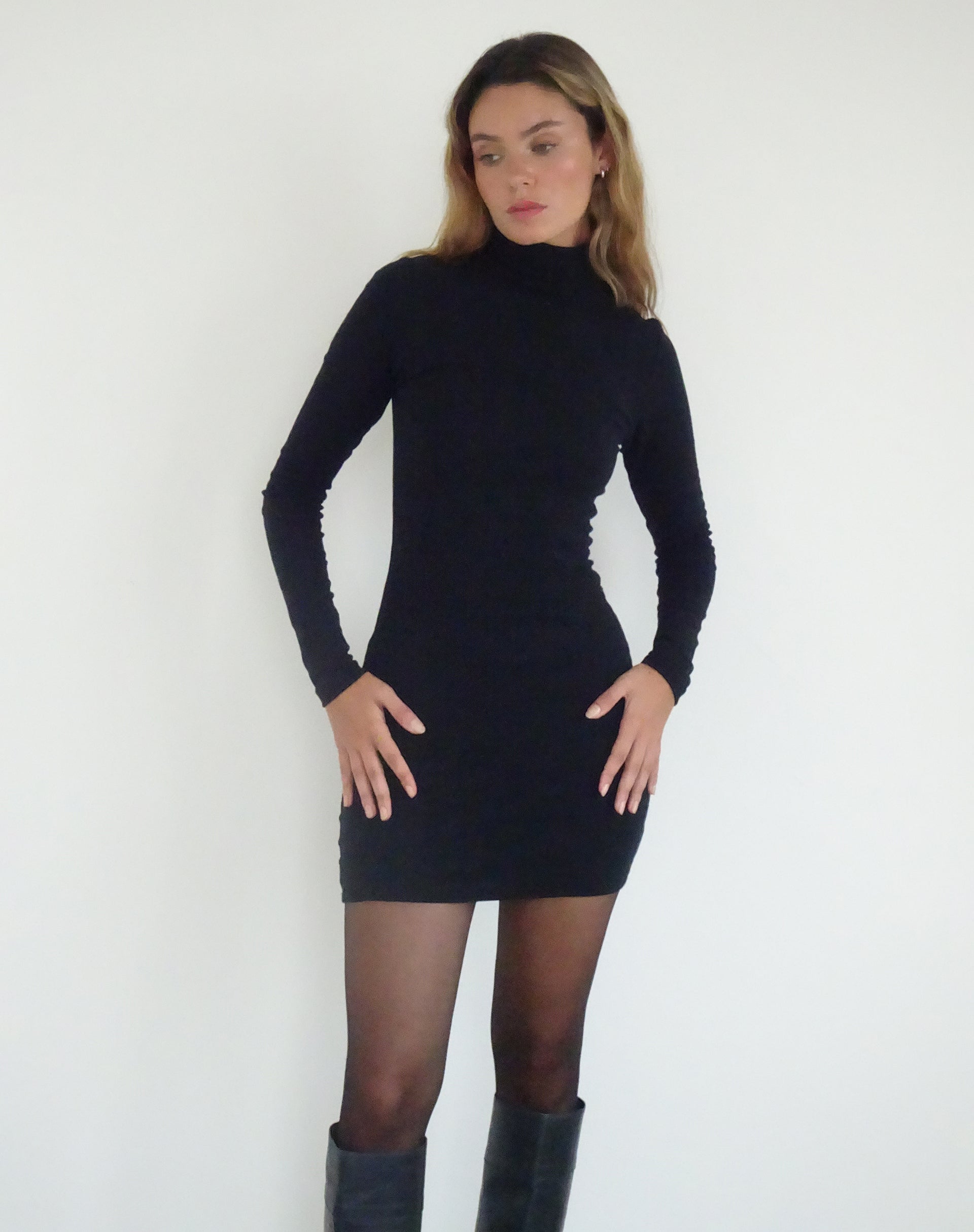 Yrion Turtle Neck  Bodycon Mini Dress in Black