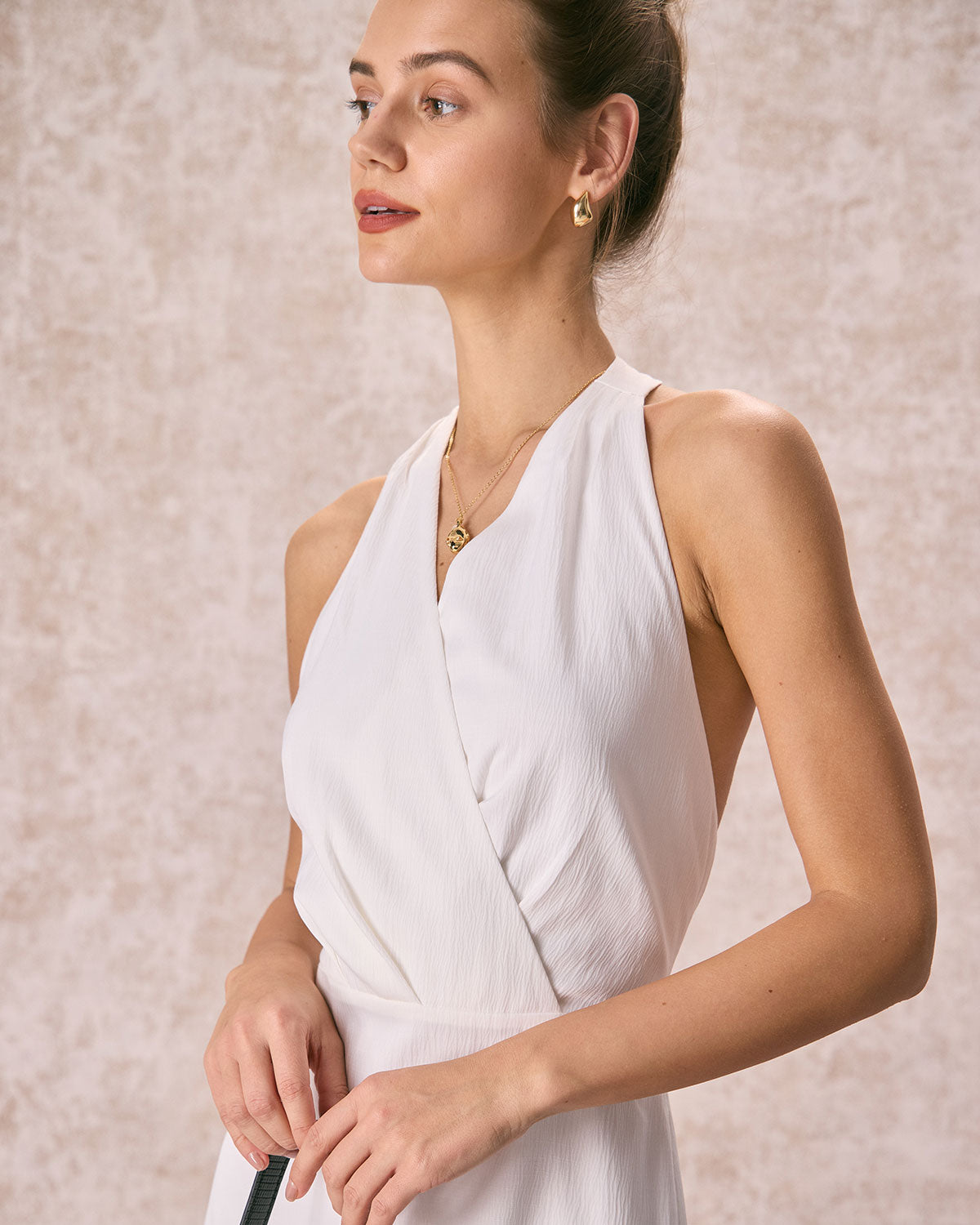 The White Halter Ruched Wrap Satin Midi Dress