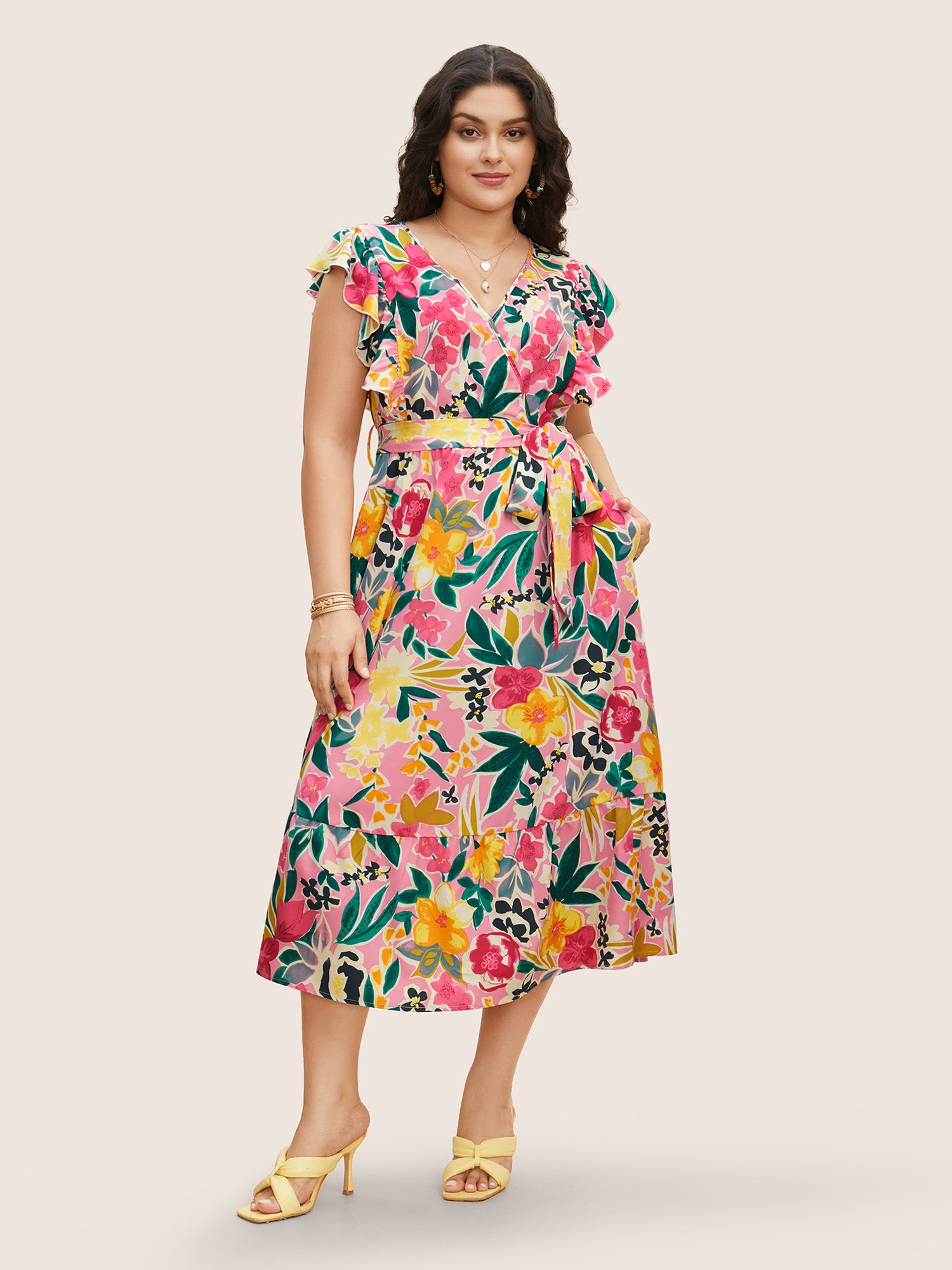 Floral Wrap Patchwork Ruffle Cap Sleeve Dress