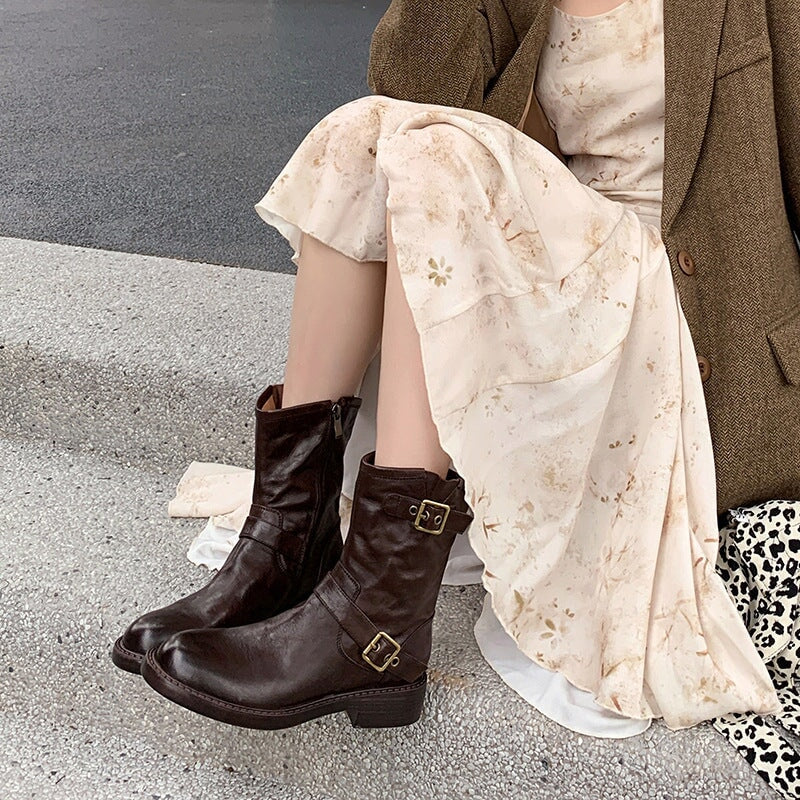35mm Block Heel Boots Classic Women's Leather Chelsea Boots Double Buckles Detail in Black/Brown