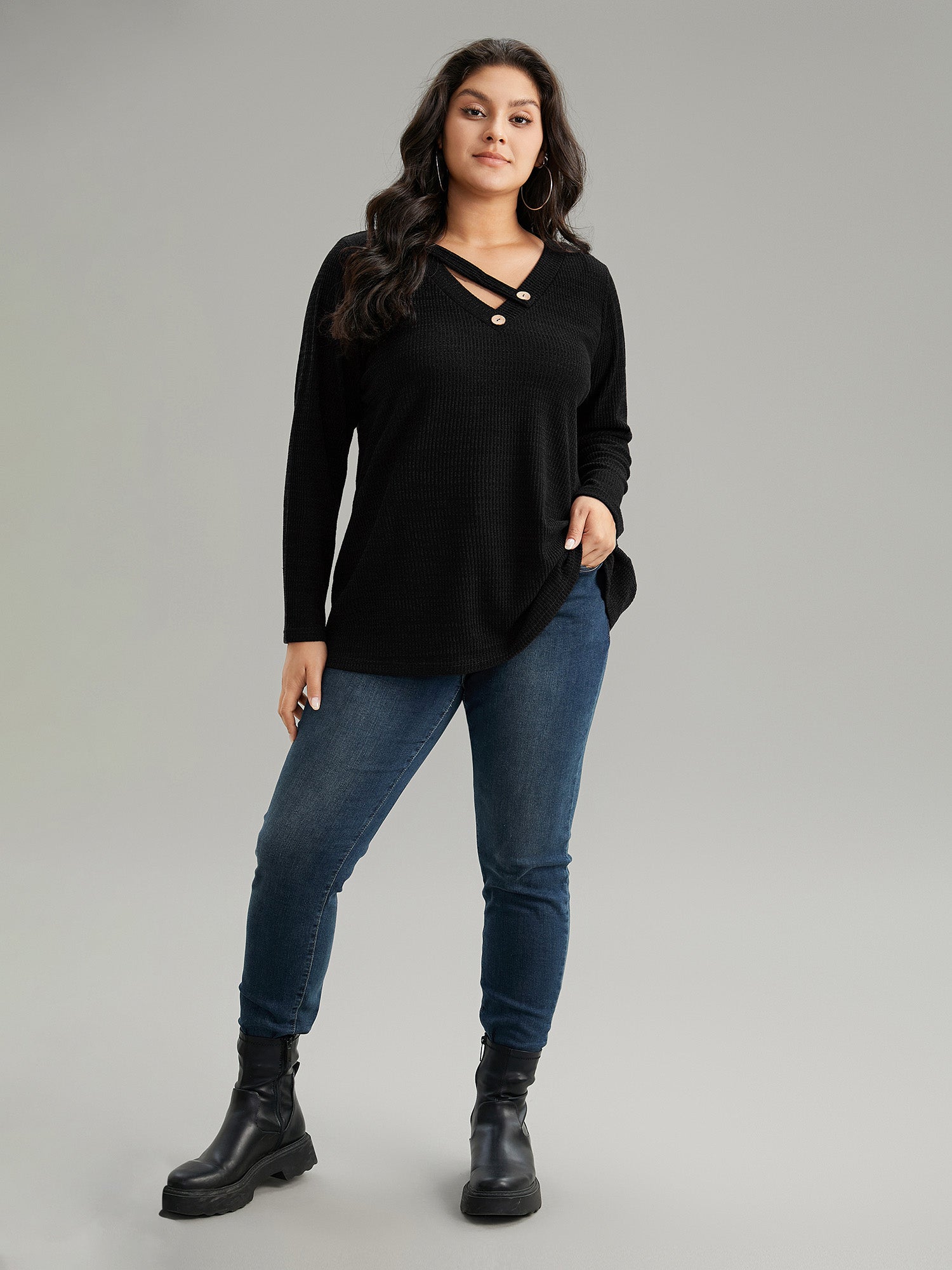 Solid Rib Knit Button Detail T-shirt