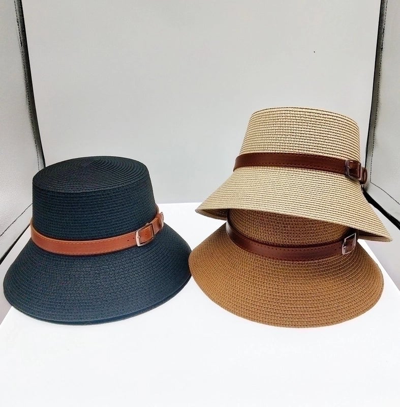 Women's Pastoral Minimalist Solid Color Belt Buckle Wide Eaves Straw Hat