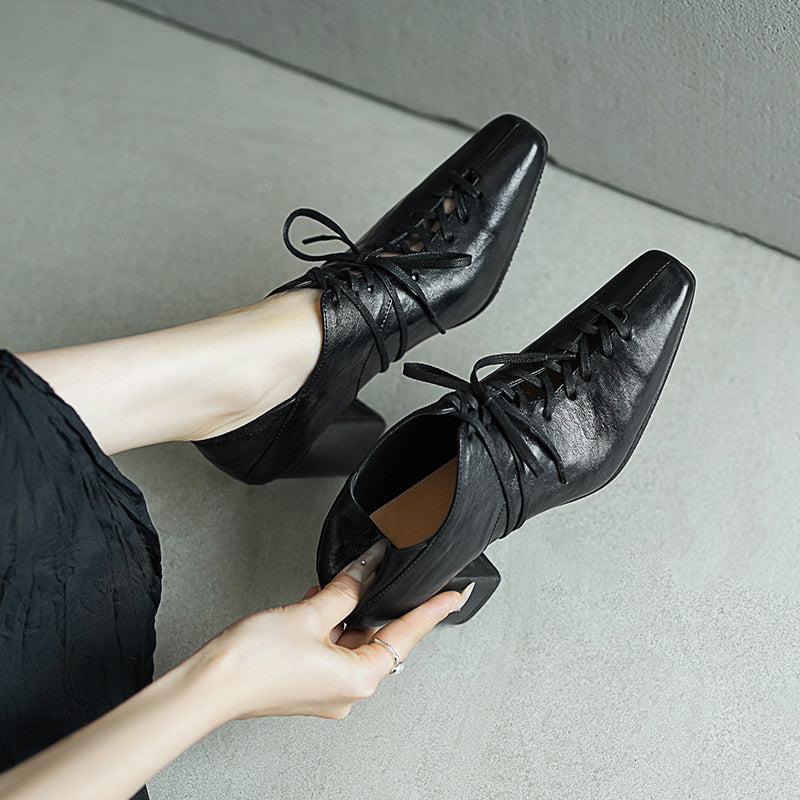70mm Block Heel Washed Horsehide Leather Ballet-Inspired Lace-Up Pumps in Red/Black