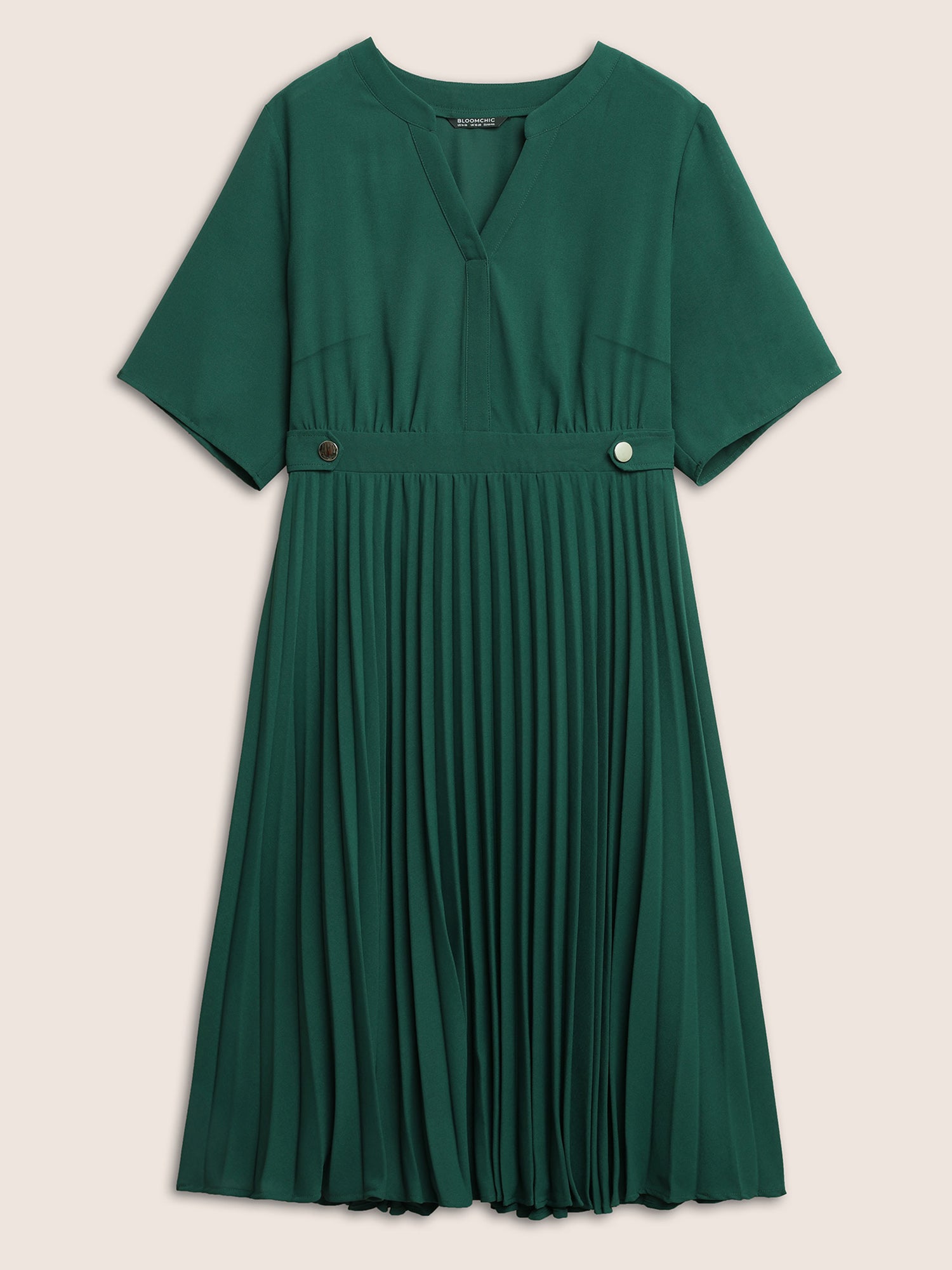 Solid Button Detail Notched Pleated Hem Dress
