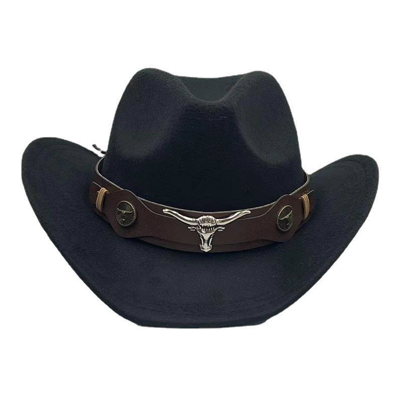 Top Hat Ethnic Style Cow Label Western Cowboy Top Hat Roll-brim Retro Riding Hat Woolen Felt Hat