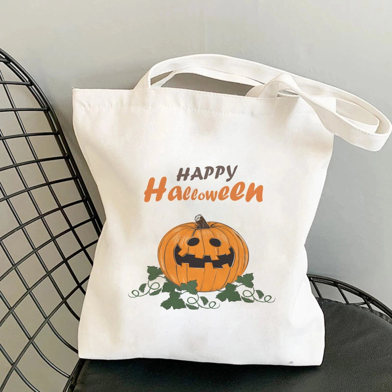 Halloween Unisex Canvas Animal Pumpkin Letter Streetwear Square Open Shoulder Bag Canvas Bag