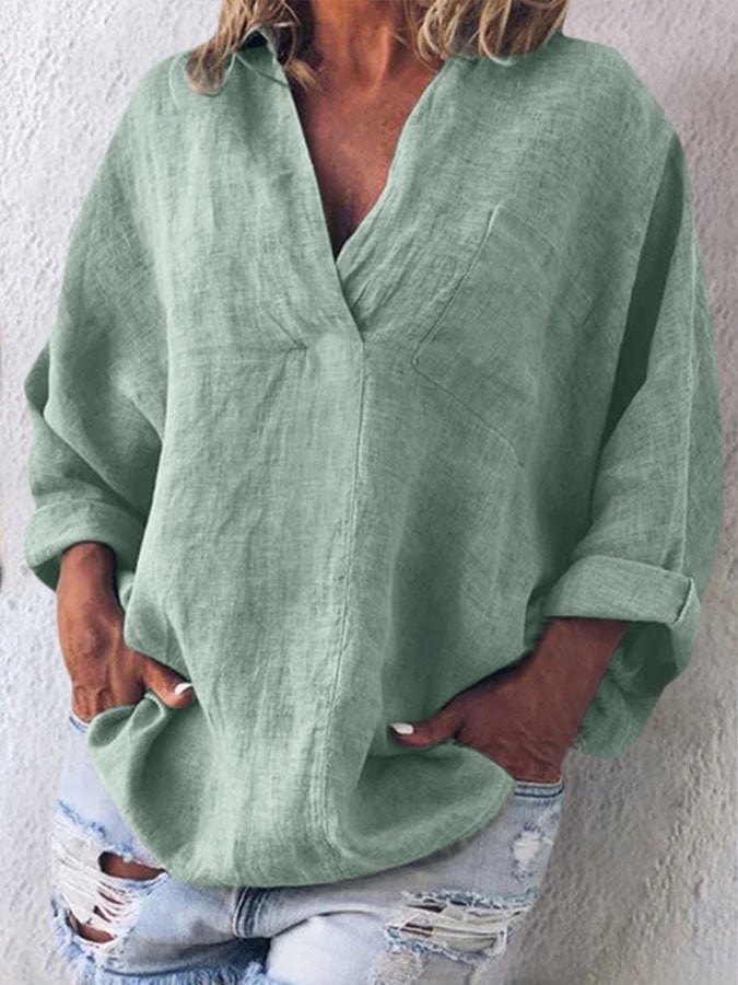 Solid Color V-Neck Long Sleeve Shirt