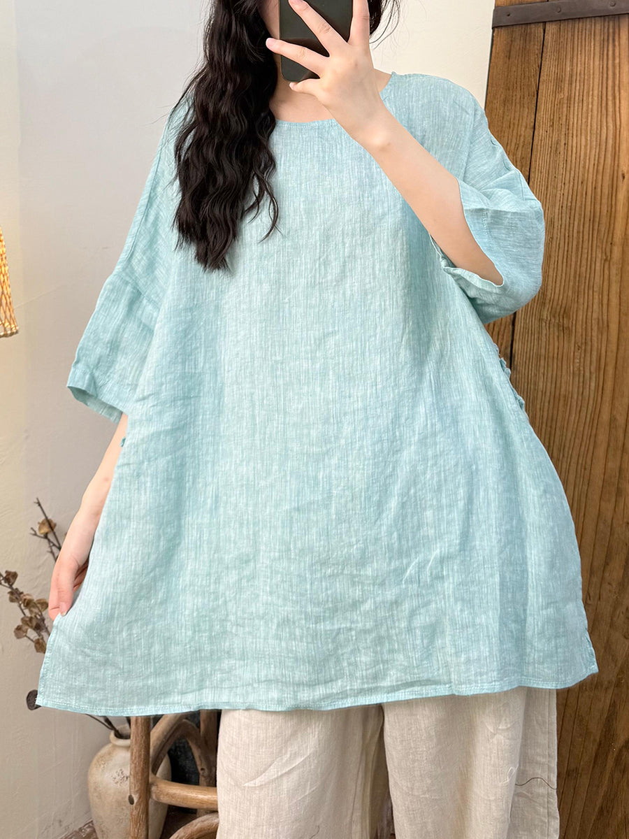 Women Summer Vintage Pure Color O-Neck Hemp Shirt