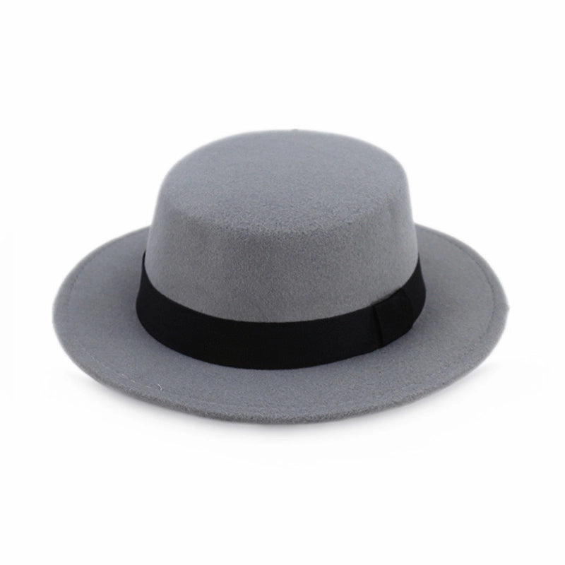 Hat Women's  Woolen Top Hat Autumn And Winter Black Vintage Gentleman  Flat Top Bow Top Hat Felt Hat