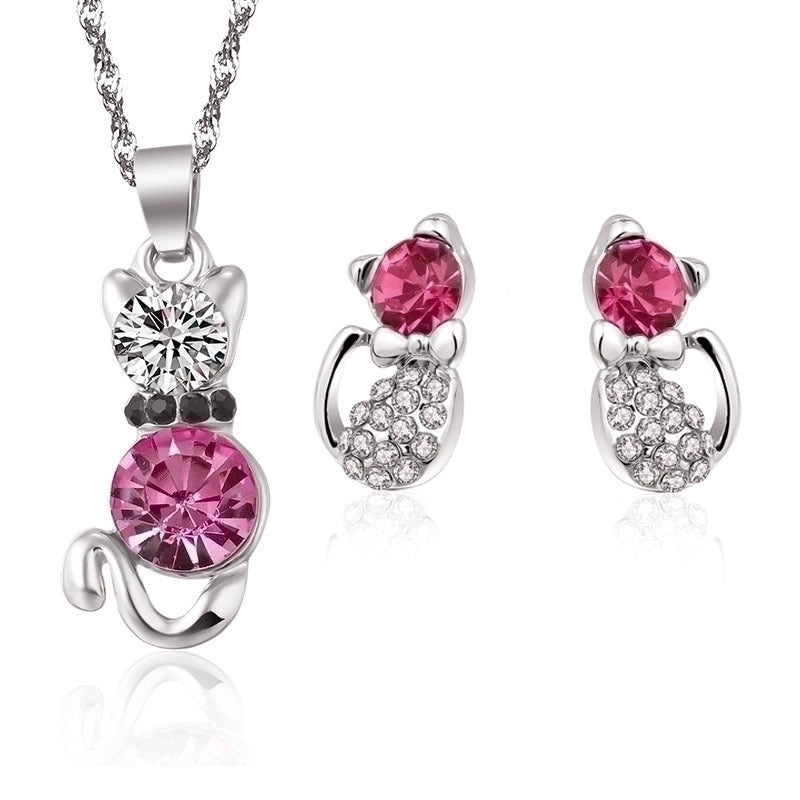 Simple Cat Alloy Crystal Ear Stud Necklace Set