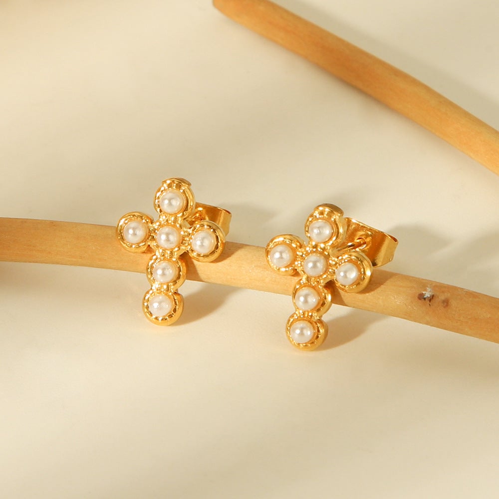 IG Style Cross Geometric Stainless Steel Pearl Inlay Earrings