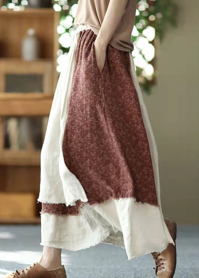 Vintage asymmetrical design elastic waist layered design Pockets Linen Skirt Summer