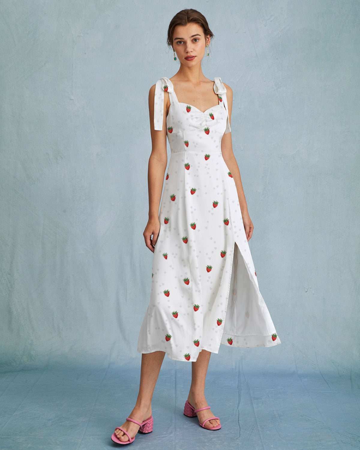 The White Strawberry Tie Strap Slit Midi Dress