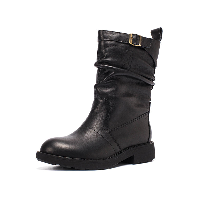 Soft?Leather Mid Calf Boots Fold Design Riding Boots Short Plush Lined For Winter