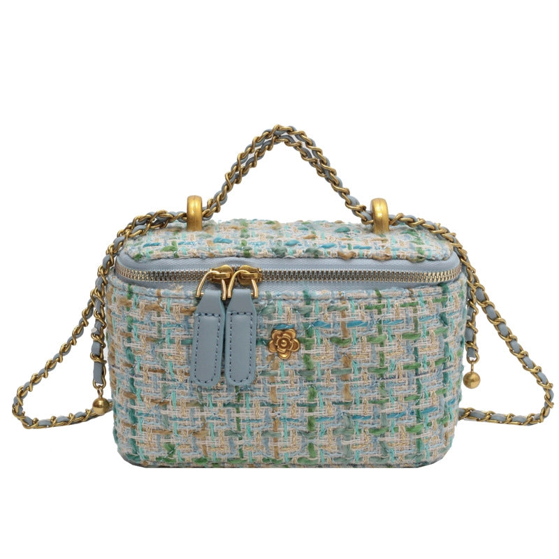 Women's Canvas Plaid Elegant Sewing Thread Square Zipper Shoulder Bag Crossbody Bag Square Bag