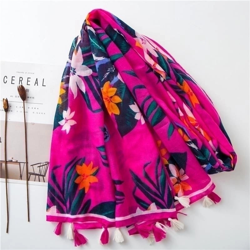 Cotton And Linen Scarf Warm Rose Red Tone Tropical Plant Color Tassel Trend