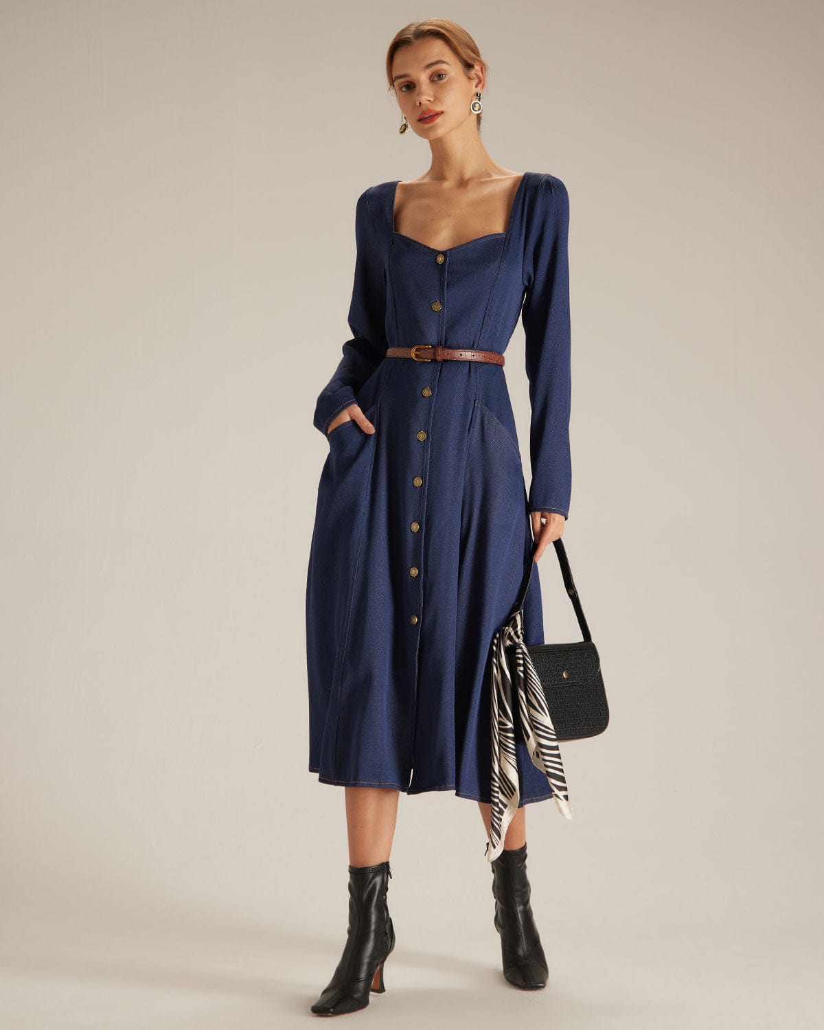 The Navy Sweetheart Neck Button Midi Dress