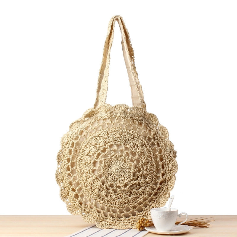 Women's Large Spring&summer Straw Solid Color Vacation Round Zipper Straw Bag
