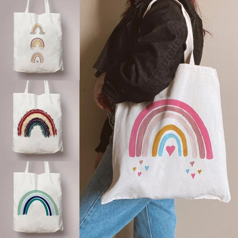 Women's Canvas Rainbow Red Heart Cute Square Open Canvas Bag