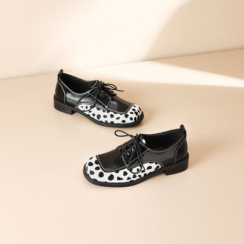 Unique Dalmatian Print Patchwork Handmade Leather Lace-Up Oxford Shoes in Black