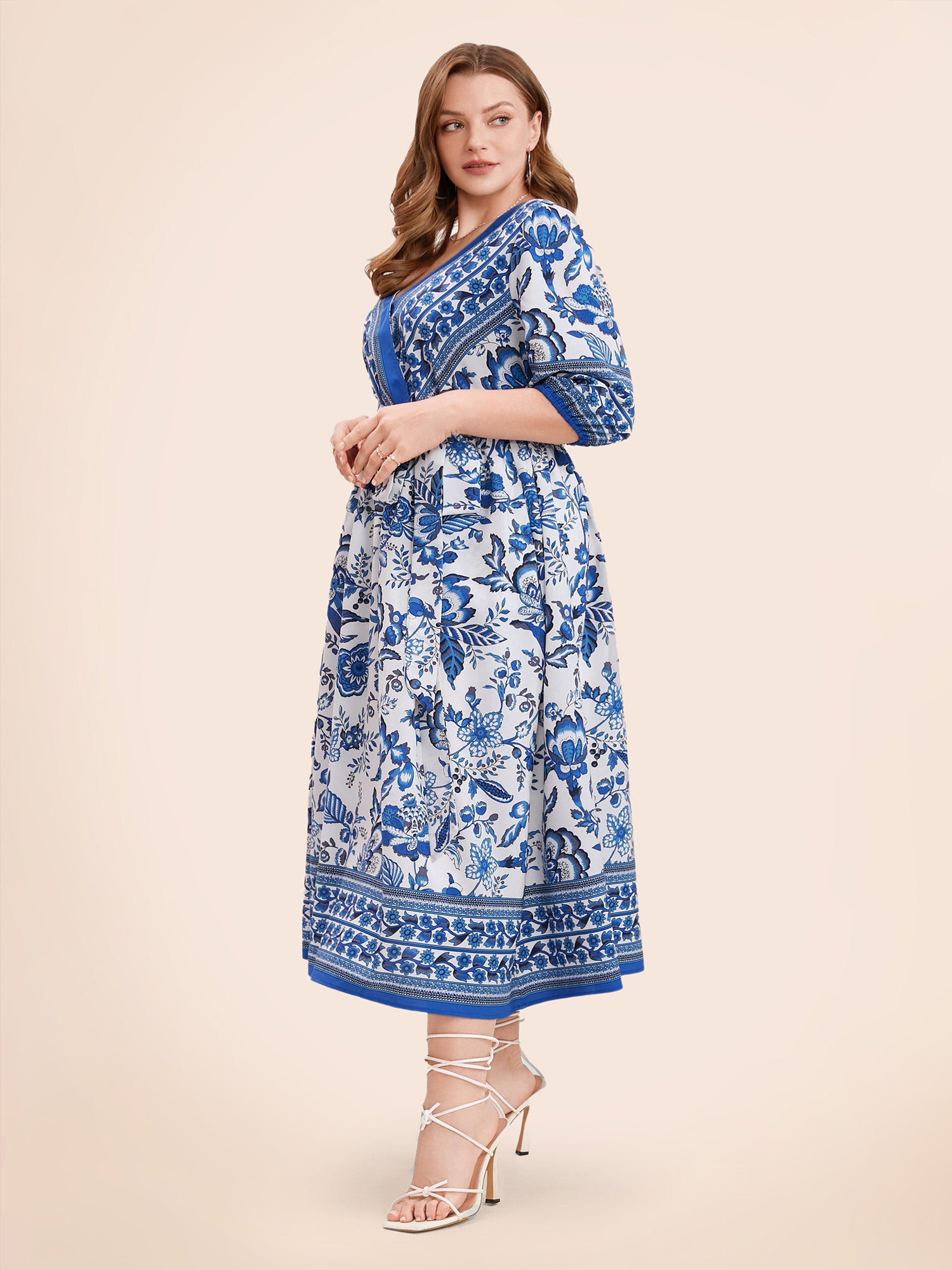 Bandana Print Surplice Neck Lantern Sleeve Pocket Belted Midi Dress