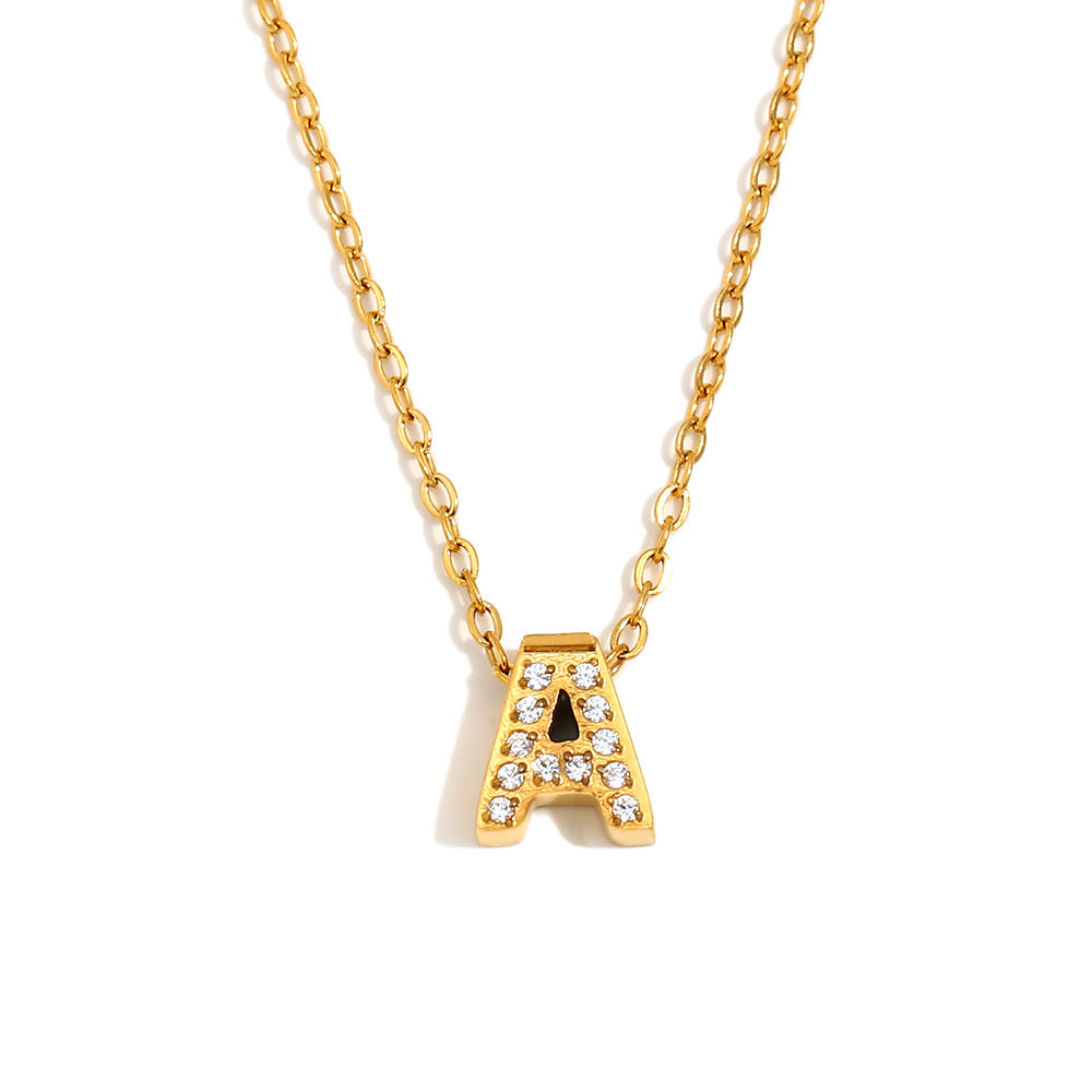 Fashionable And Simple 26 English Letter Pendant Stainless Steel Plated 18K Gold Diamond Small Letter Necklace For Women