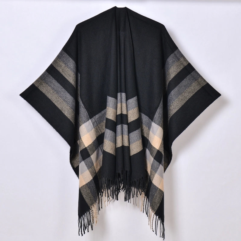 New Tassel Split Shawl Autumn And Winter Women's Simple Plaid Jacquard Scarf Cloak Hot Selling