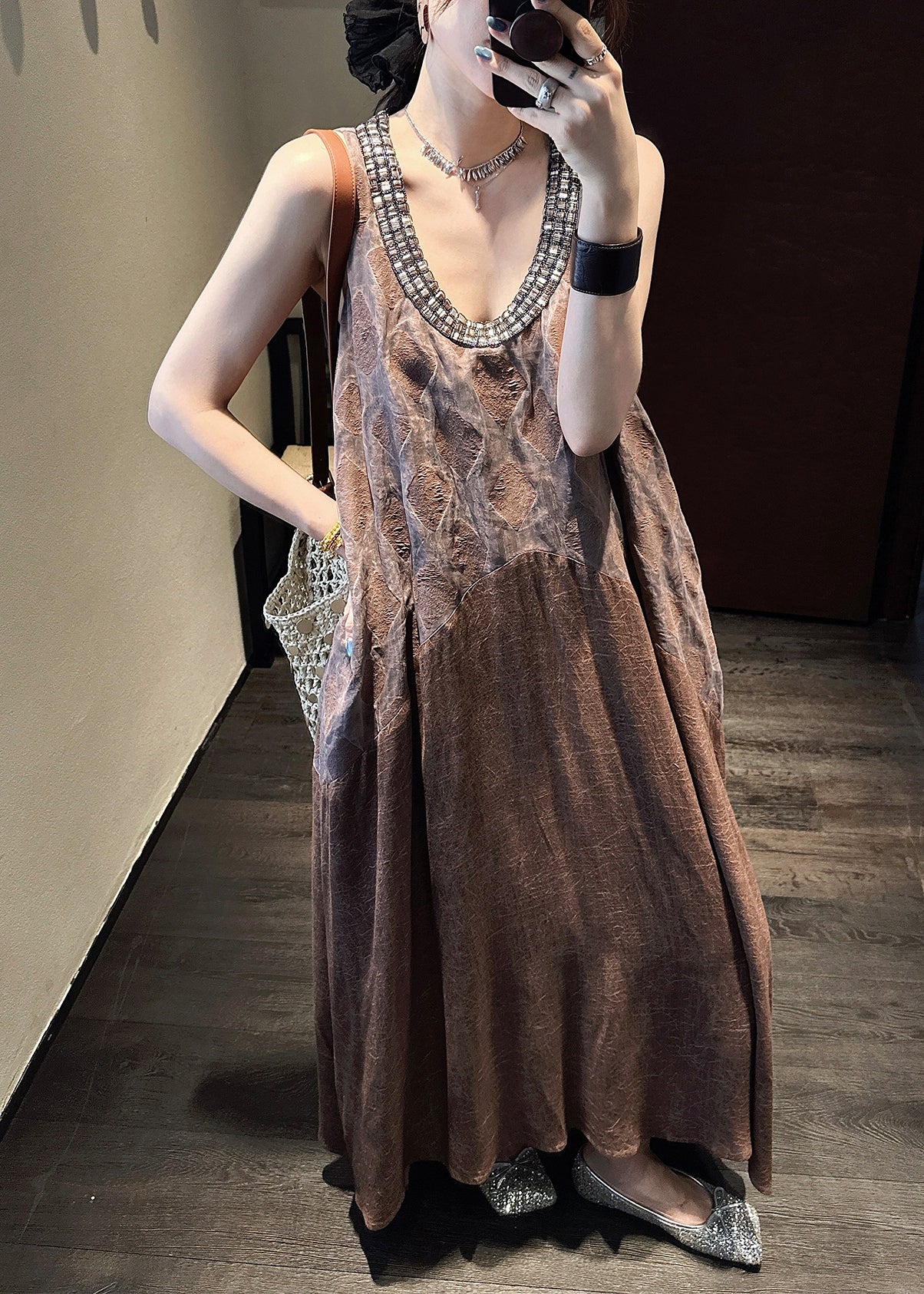 Coffee Tulle Patchwork Cotton Long Dresses O Neck Summer