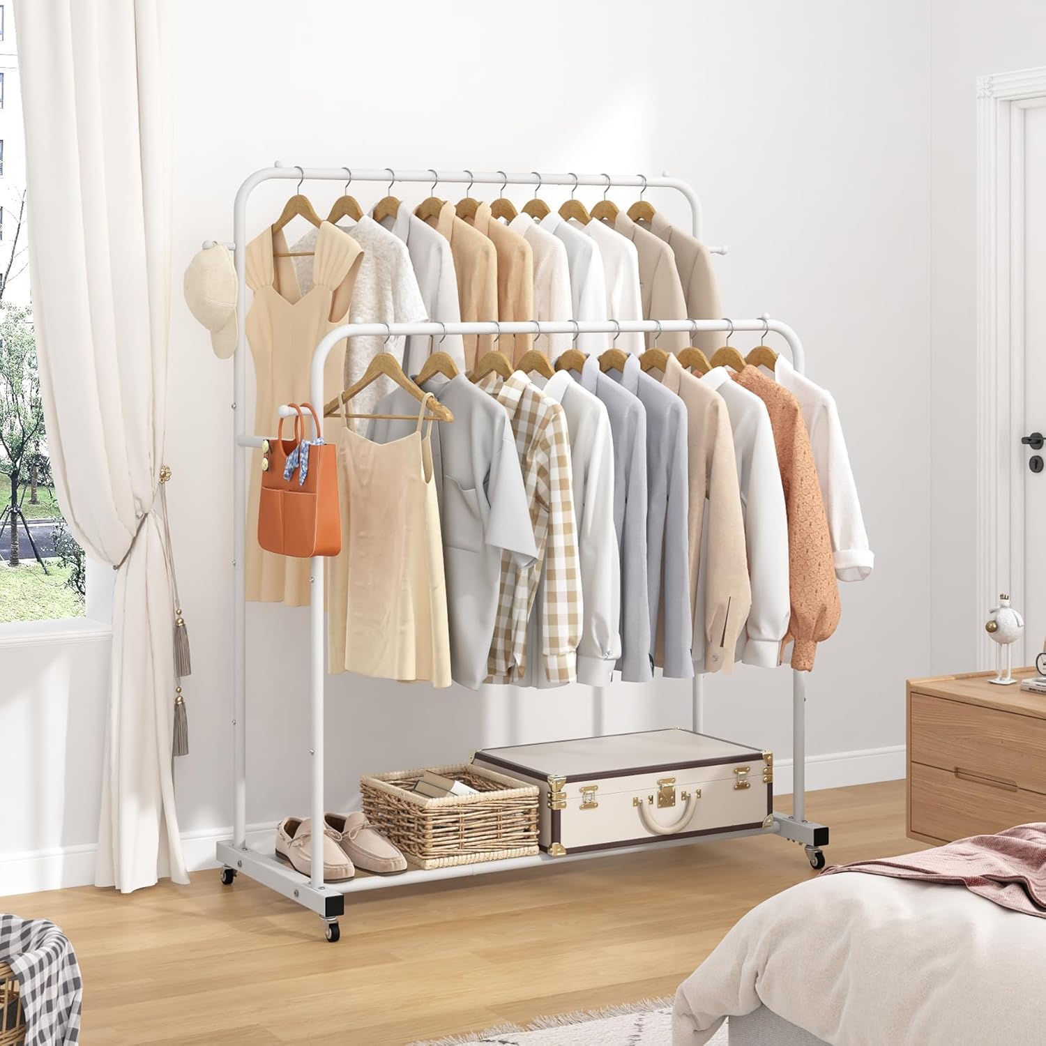 Laiensia Double Rods Garment Rack with Wheels, Clothing Rack for Hanging Clothes,4 Hooks, Multi-functional Bedroom Clothes Rack, Black