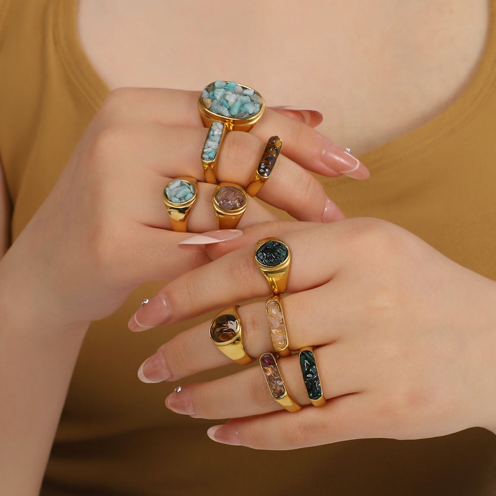 Natural Stone Gravel Stainless Steel Ring Exquisite Simple Titanium Steel Ring For Women