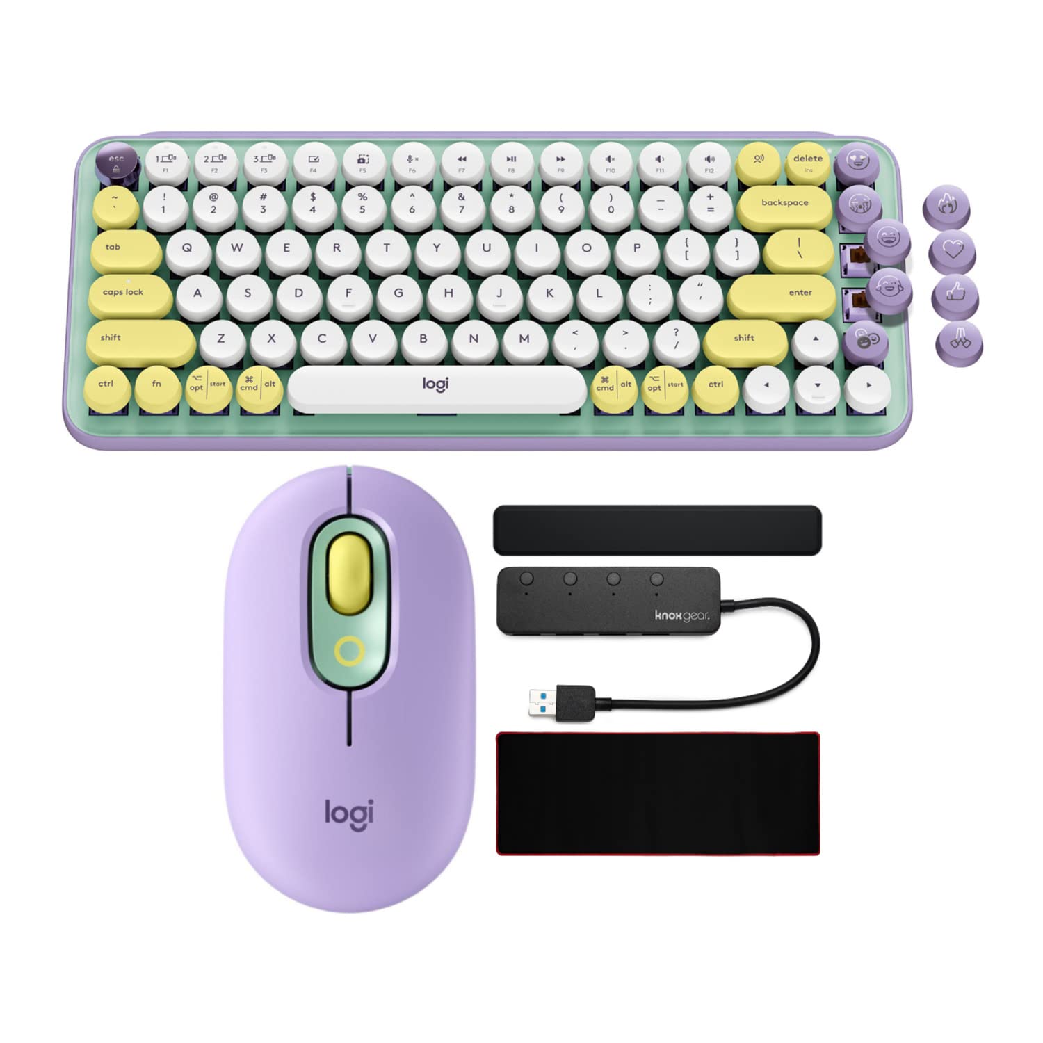 Logitech Teclado mecánico inalámbrico POP Keys con teclas Emoji (Daydream Mint) paquete con mouse inalámbrico, reposamanos, concentrador USB 3.0 de 4 puertos y alfombrilla para mouse (5 artículos)