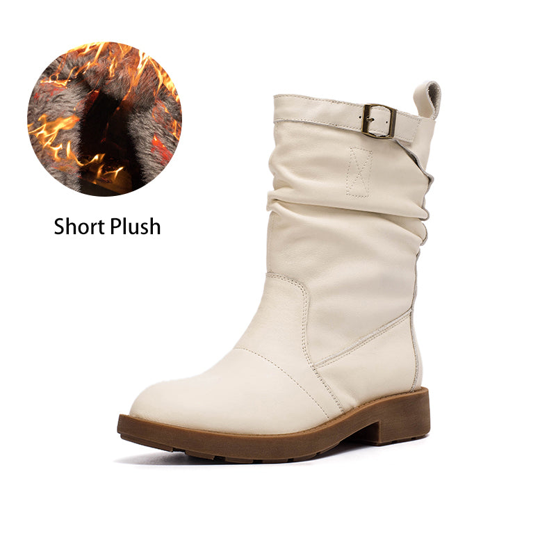 Soft?Leather Mid Calf Boots Fold Design Riding Boots Short Plush Lined For Winter