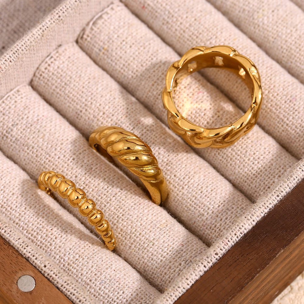 Fashion Retro Personality Bead Chain Jewelry Stainless Steel Plated 18K Gold Middle Thread Ring Female