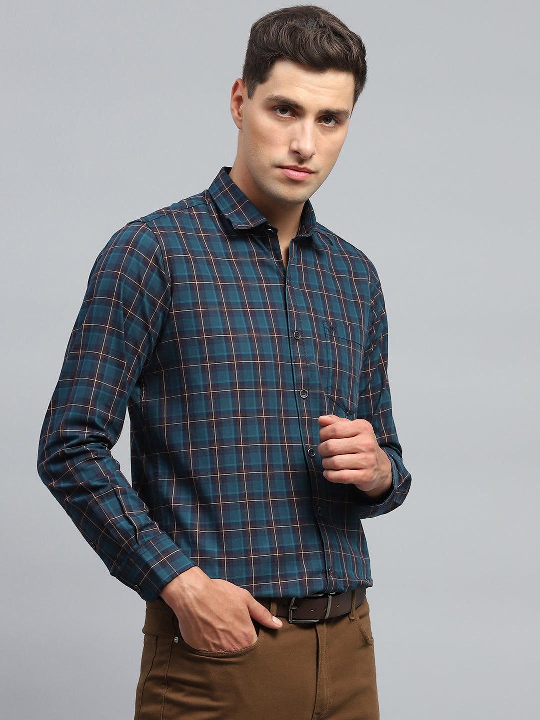 Men Teal Blue Check Collar Full Sleeve Shirt