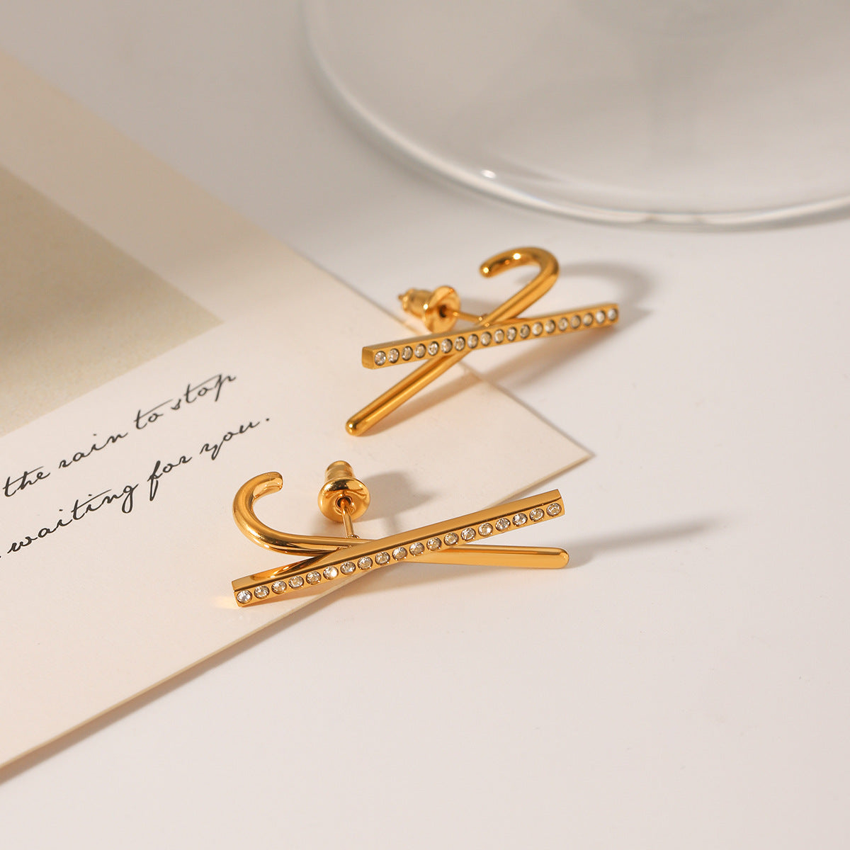 Ins Style Stainless Steel Earrings Design Cross-Line Diamond Earrings 18K Gold Titanium Steel Earrings